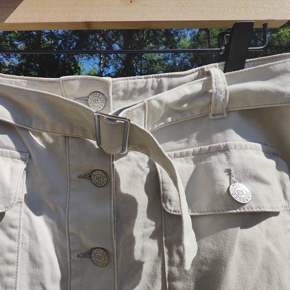 Polo Jeans Ralph Lauren Button Front Mini Skirt Belted Sz 12 Khaki Cream - Picture 4 of 6